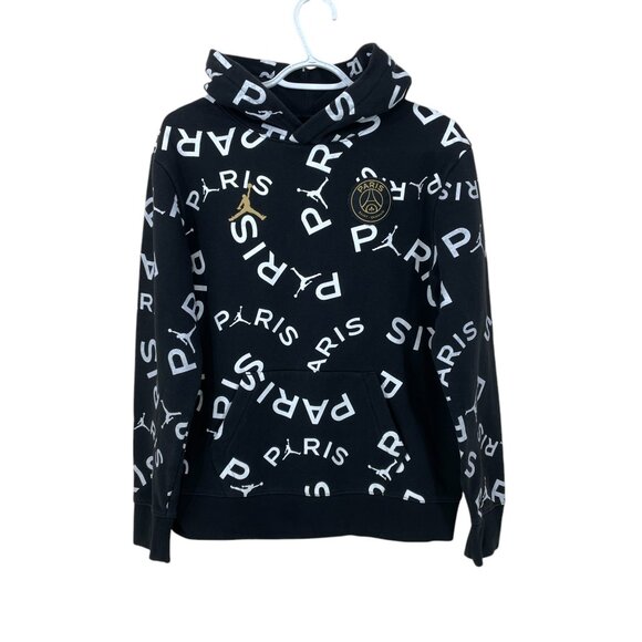 Nike Jordan X Paris Saint Germain Hoodie XL Youth 13-15 All Over Print Black - Picture 1 of 7